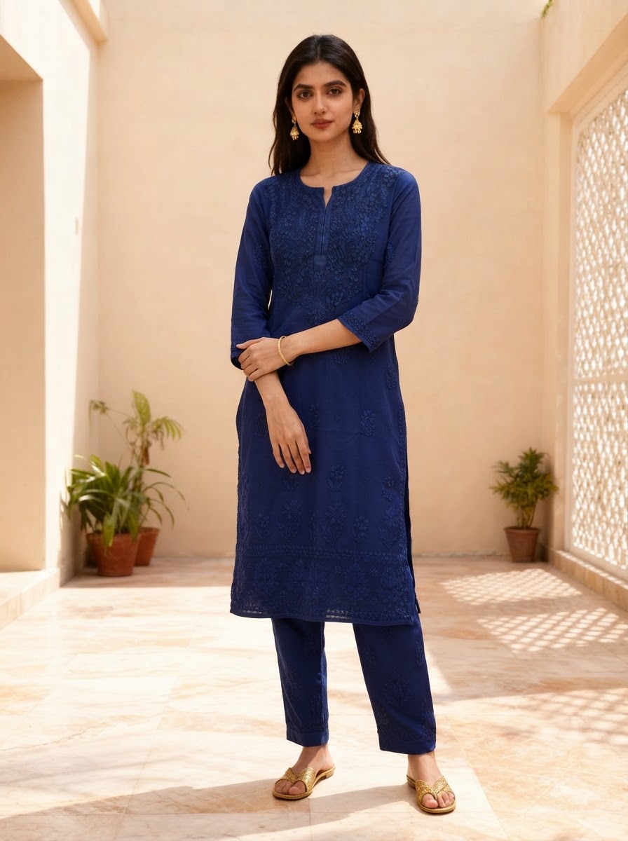 Chikankari  Straight Pant Set – Royal Blue