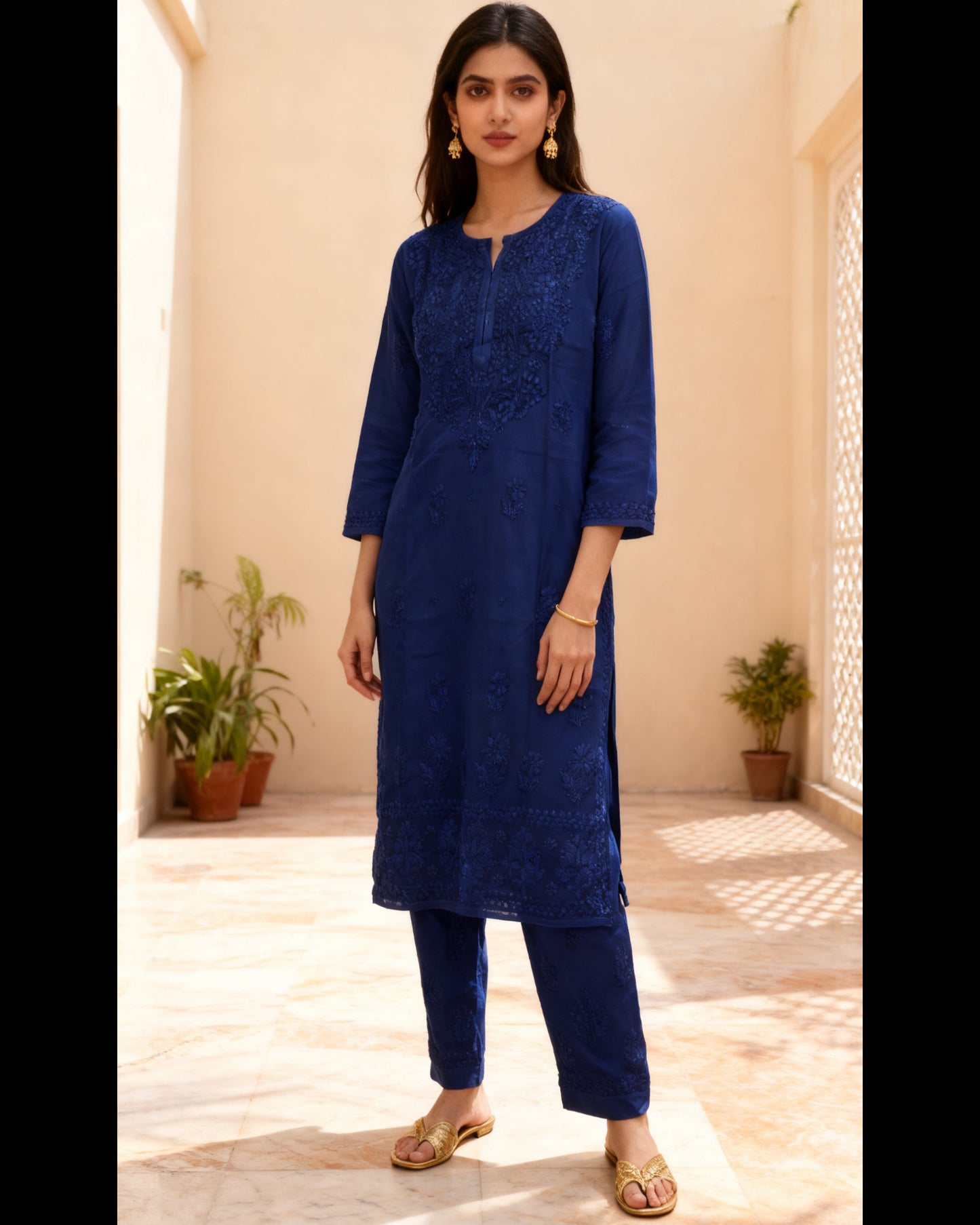 Chikankari  Straight Pant Set – Royal Blue