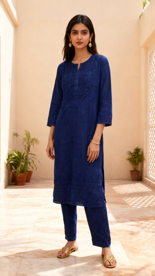 Chikankari  Straight Pant Set – Royal Blue