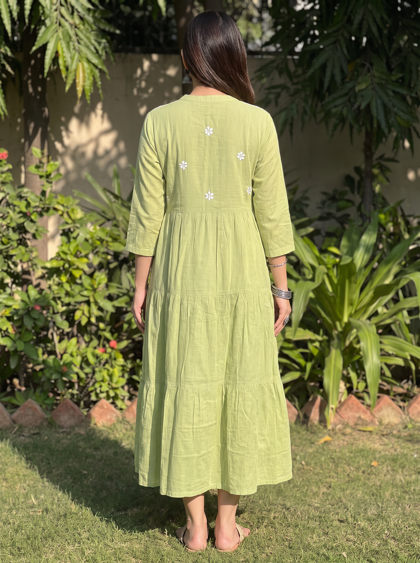 Chikankari Cotton Tiered Maxi Dress Lime Green