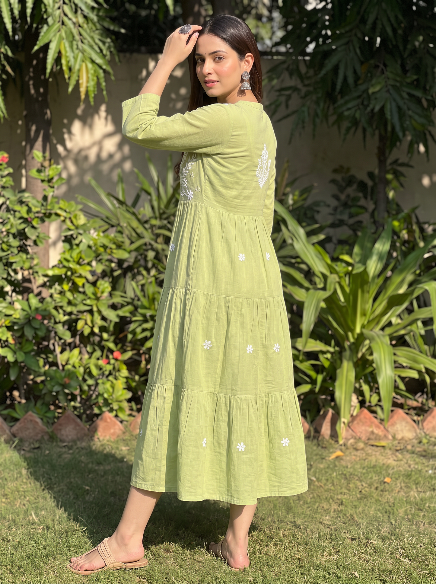 Chikankari Cotton Tiered Maxi Dress Lime Green