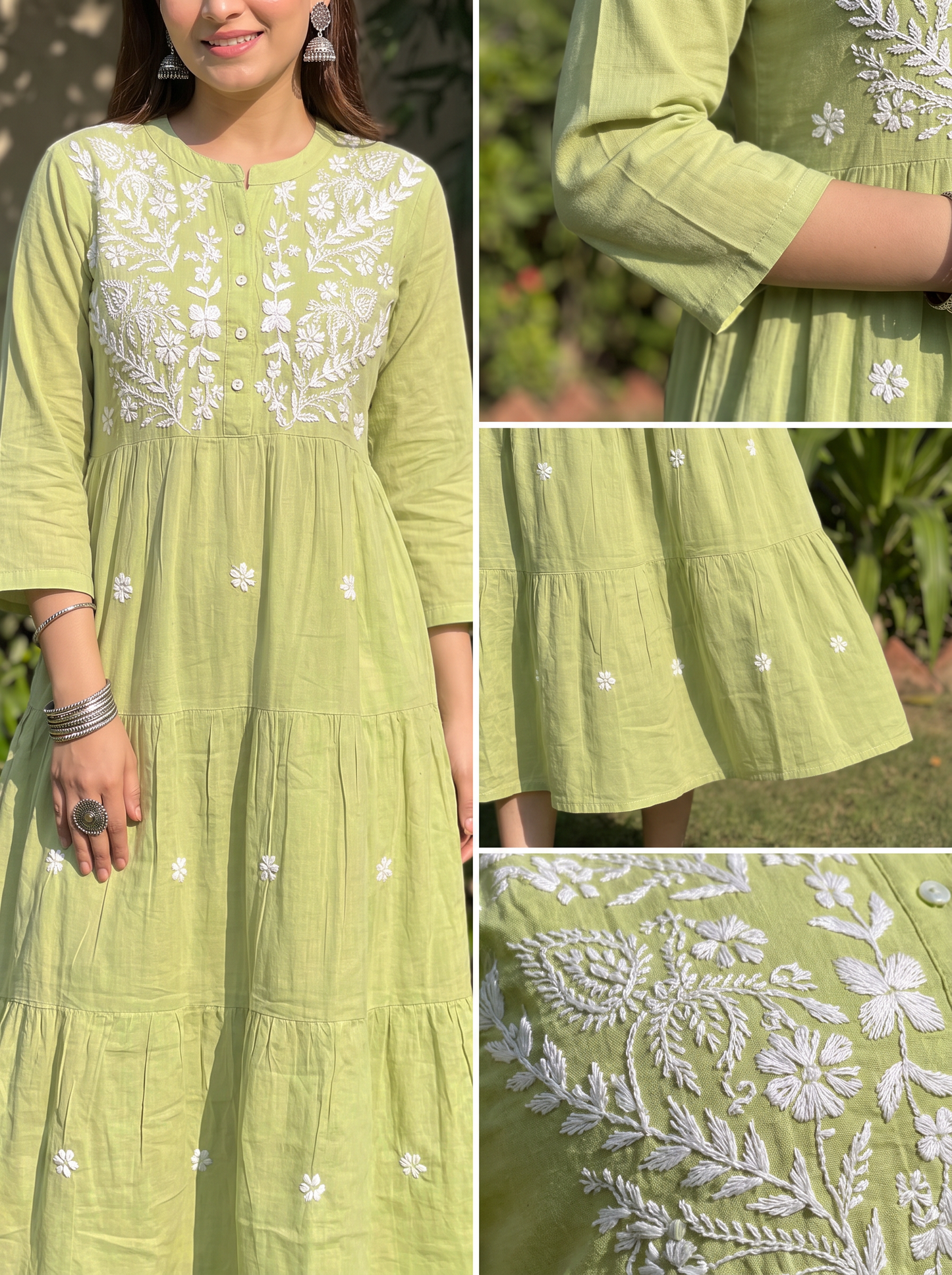 Chikankari Cotton Tiered Maxi Dress Lime Green