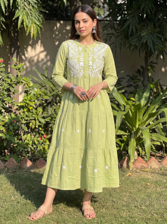 Chikankari Cotton Tiered Maxi Dress Lime Green