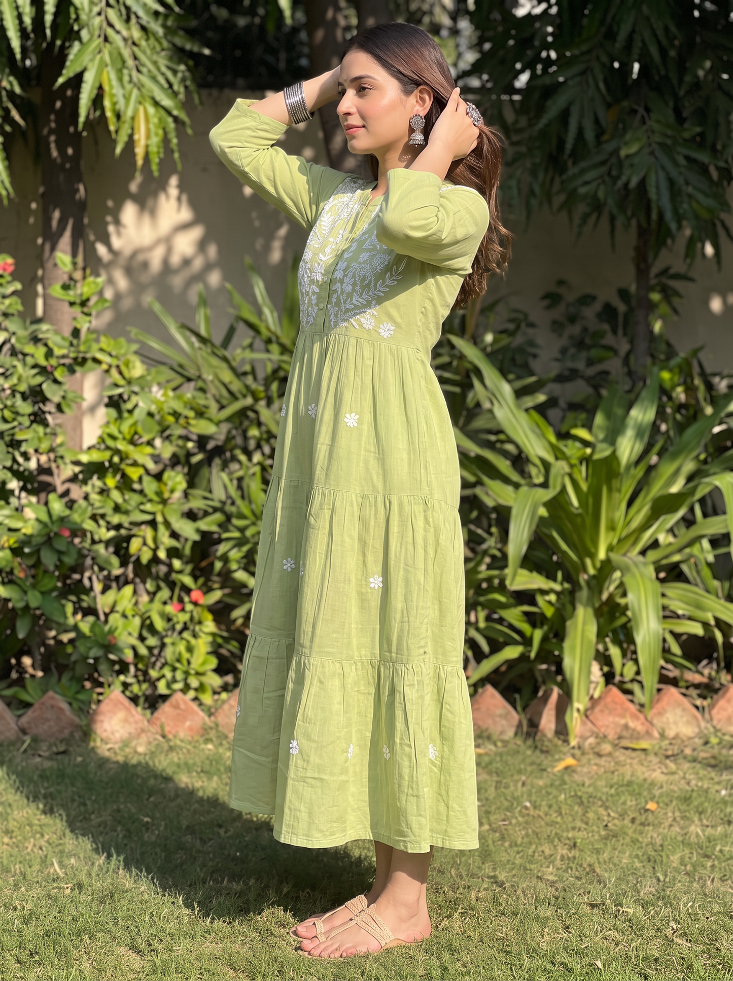 Chikankari Cotton Tiered Maxi Dress Lime Green