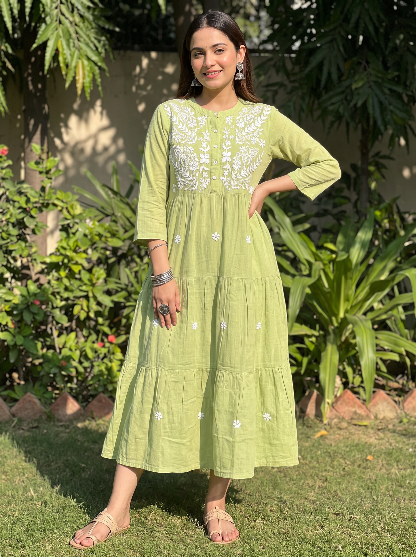 Chikankari Cotton Tiered Maxi Dress Lime Green