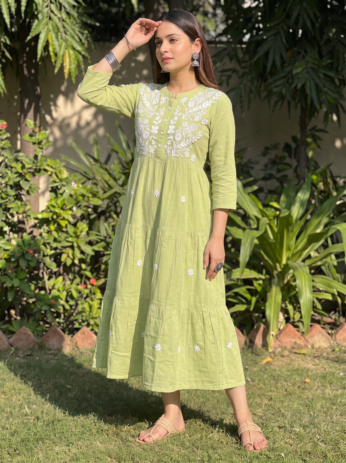 Chikankari Cotton Tiered Maxi Dress Lime Green