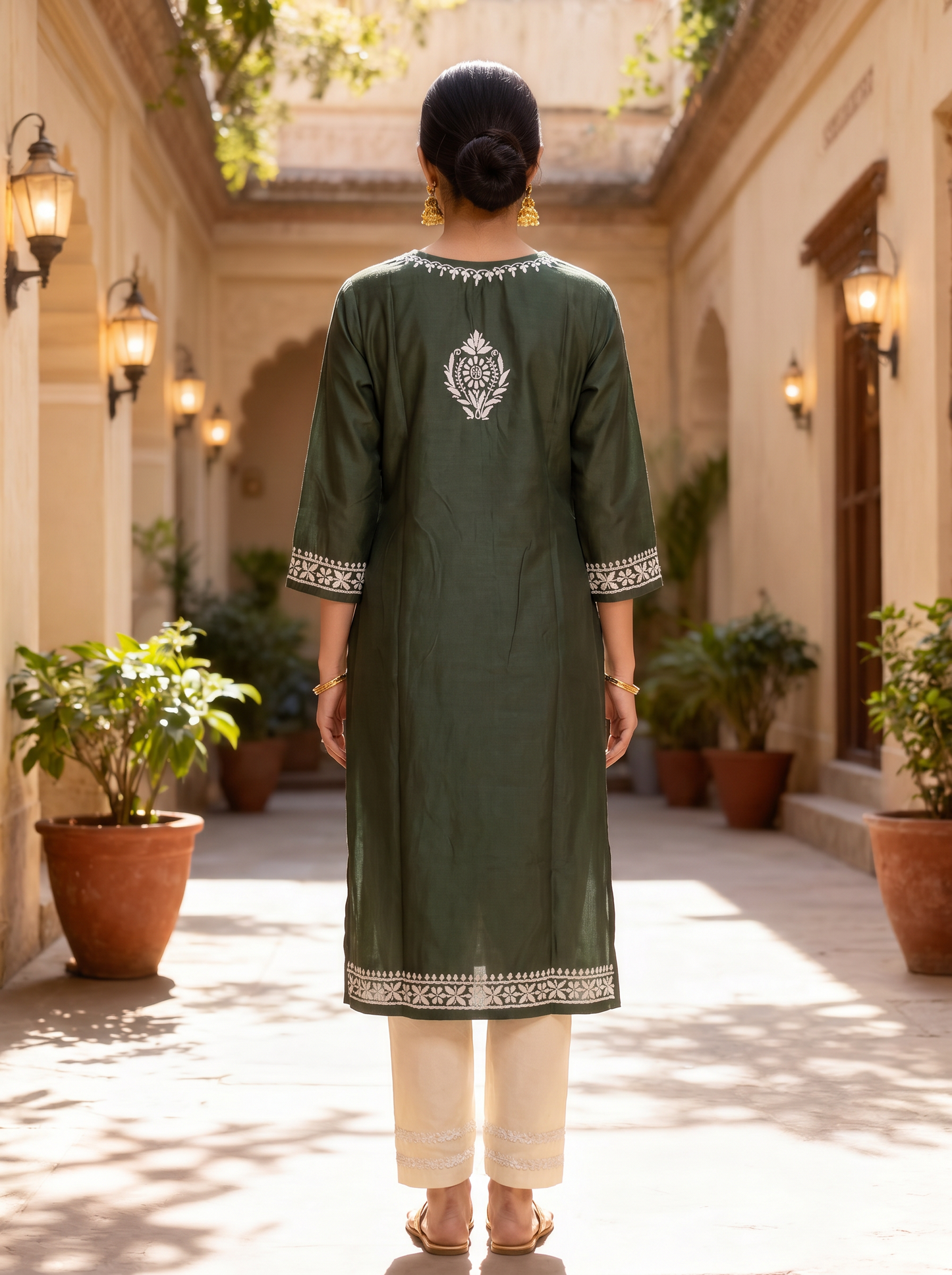 Chikankari Cotton Straight Kurta Pant Set Bottle Green