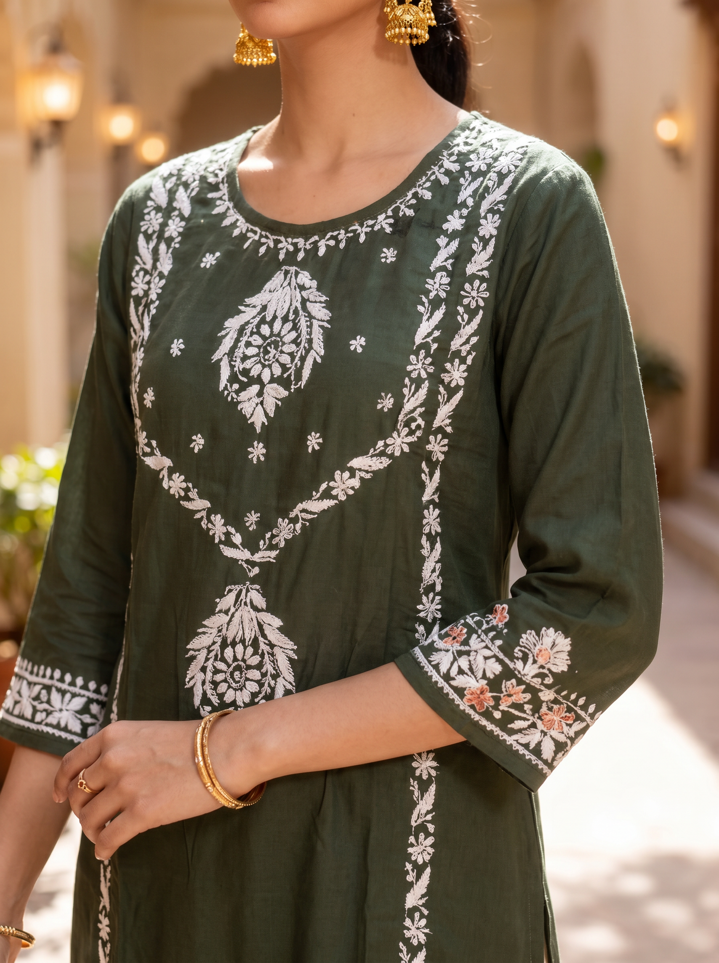 Chikankari Cotton Straight Kurta Pant Set Bottle Green
