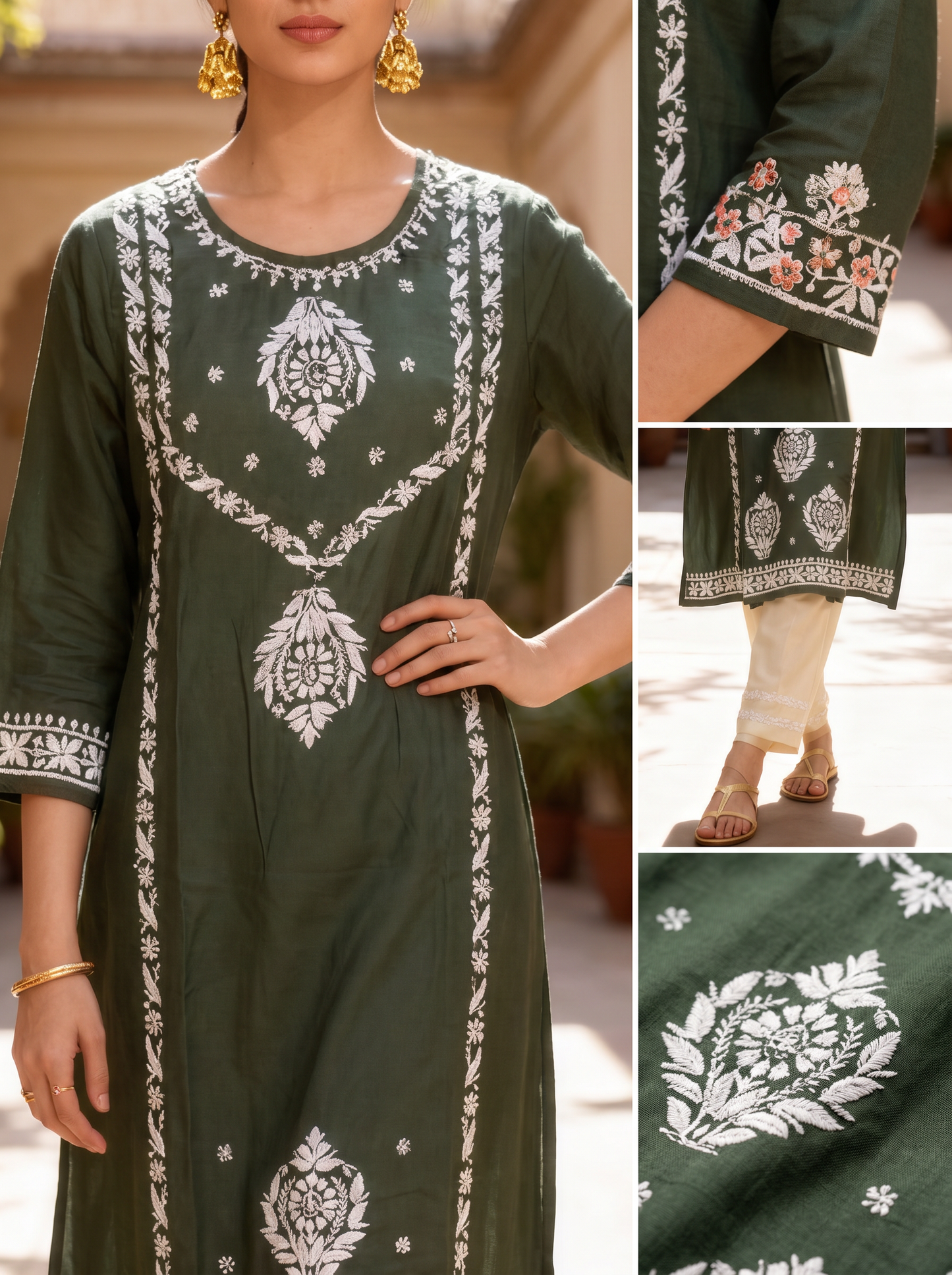 Chikankari Cotton Straight Kurta Pant Set Bottle Green