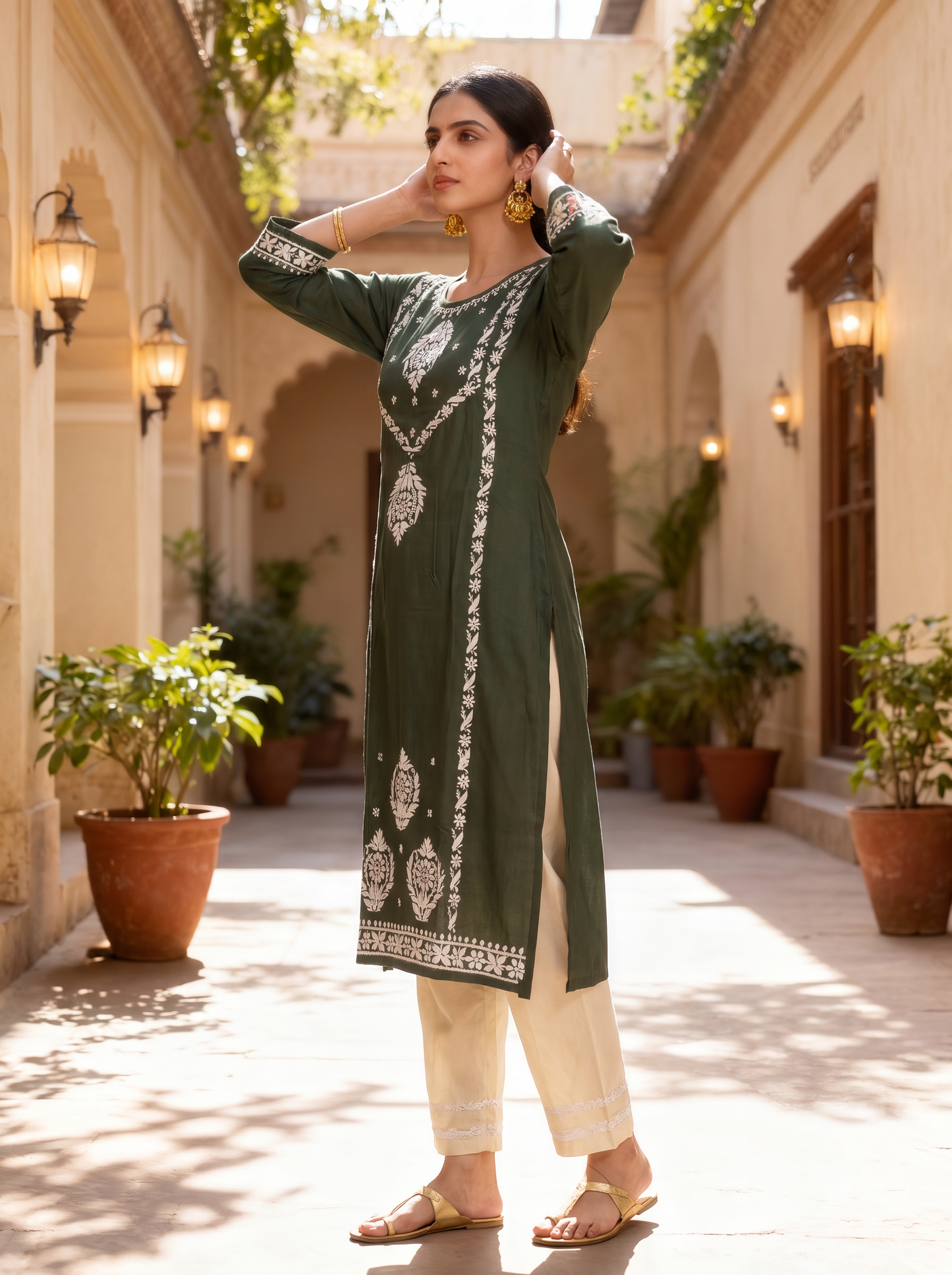 Chikankari Cotton Straight Kurta Pant Set Bottle Green