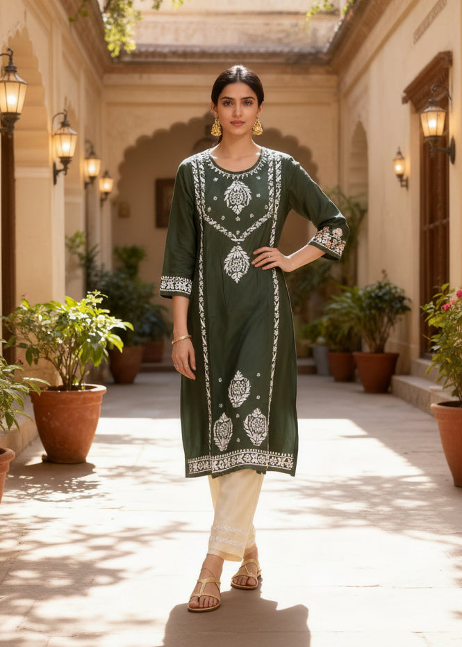 Chikankari Cotton Straight Kurta Pant Set Bottle Green