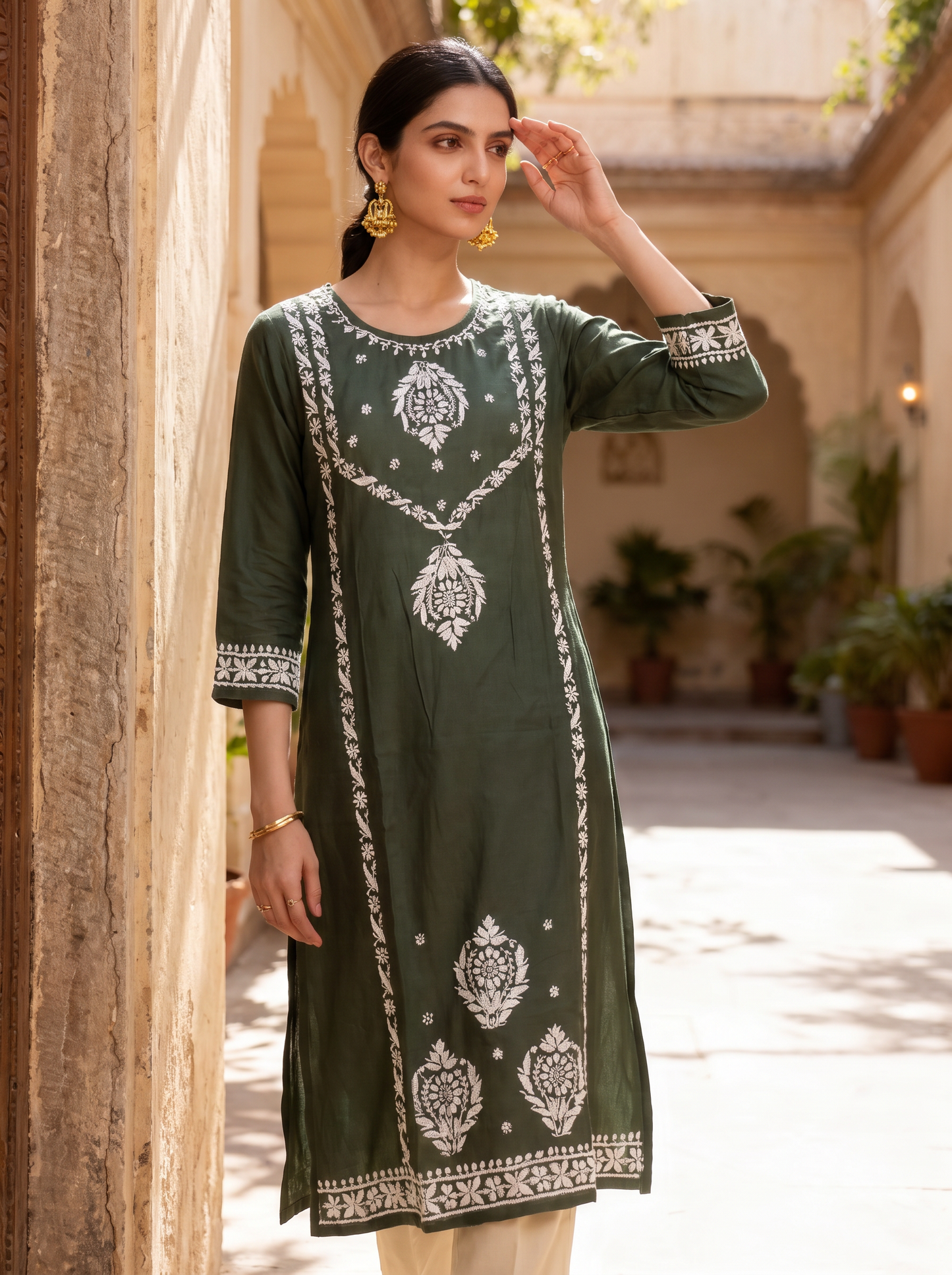 Chikankari Cotton Straight Kurta Pant Set Bottle Green