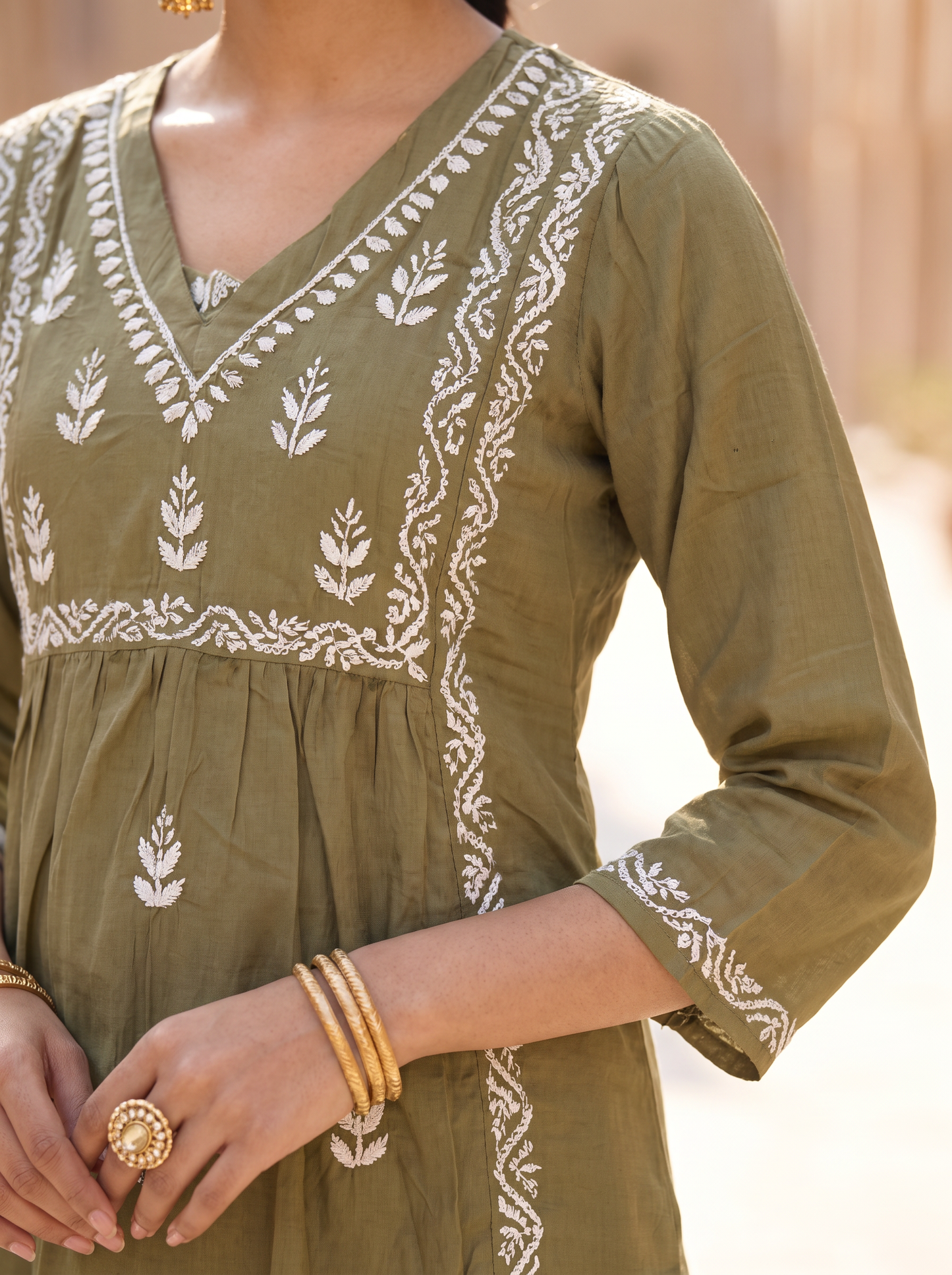 Chikankari Cotton Flared Kurta Pant Set Olive Green