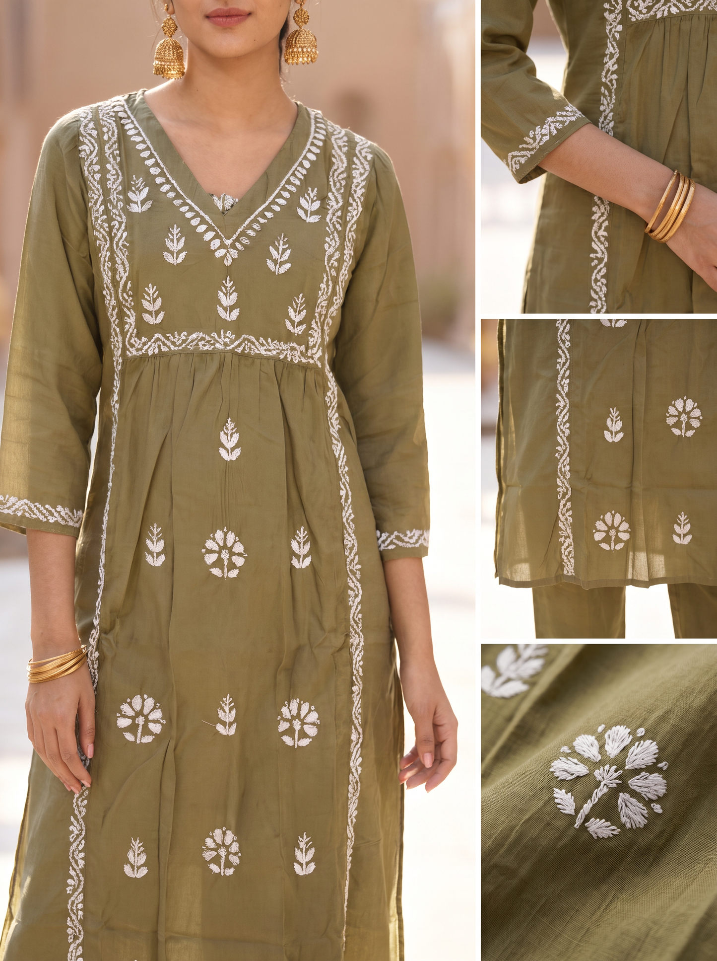 Chikankari Cotton Flared Kurta Pant Set Olive Green