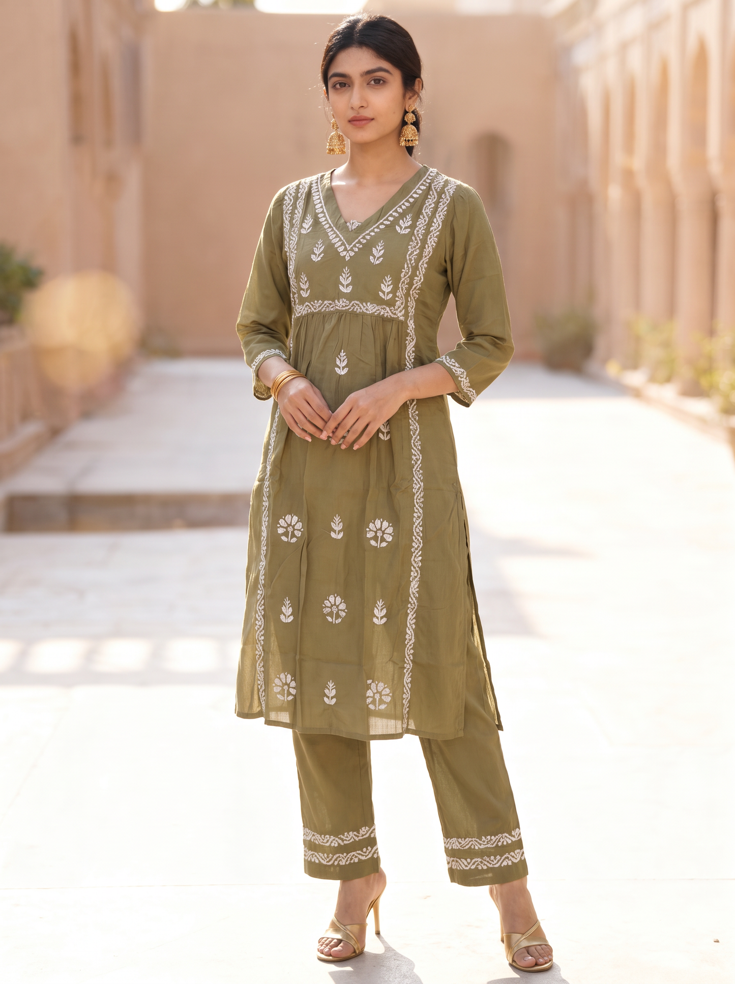 Chikankari Cotton Flared Kurta Pant Set Olive Green