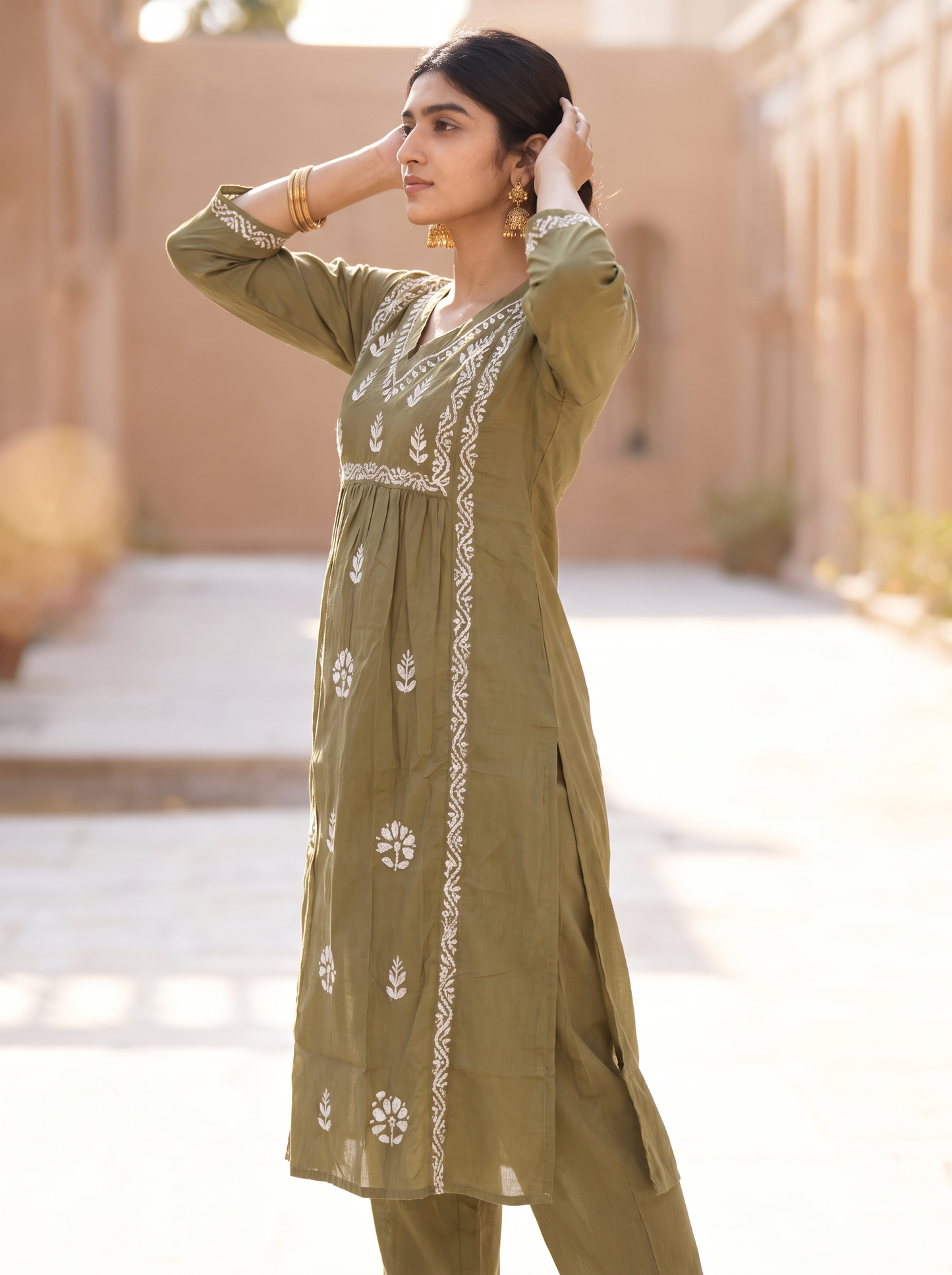 Chikankari Cotton Flared Kurta Pant Set Olive Green