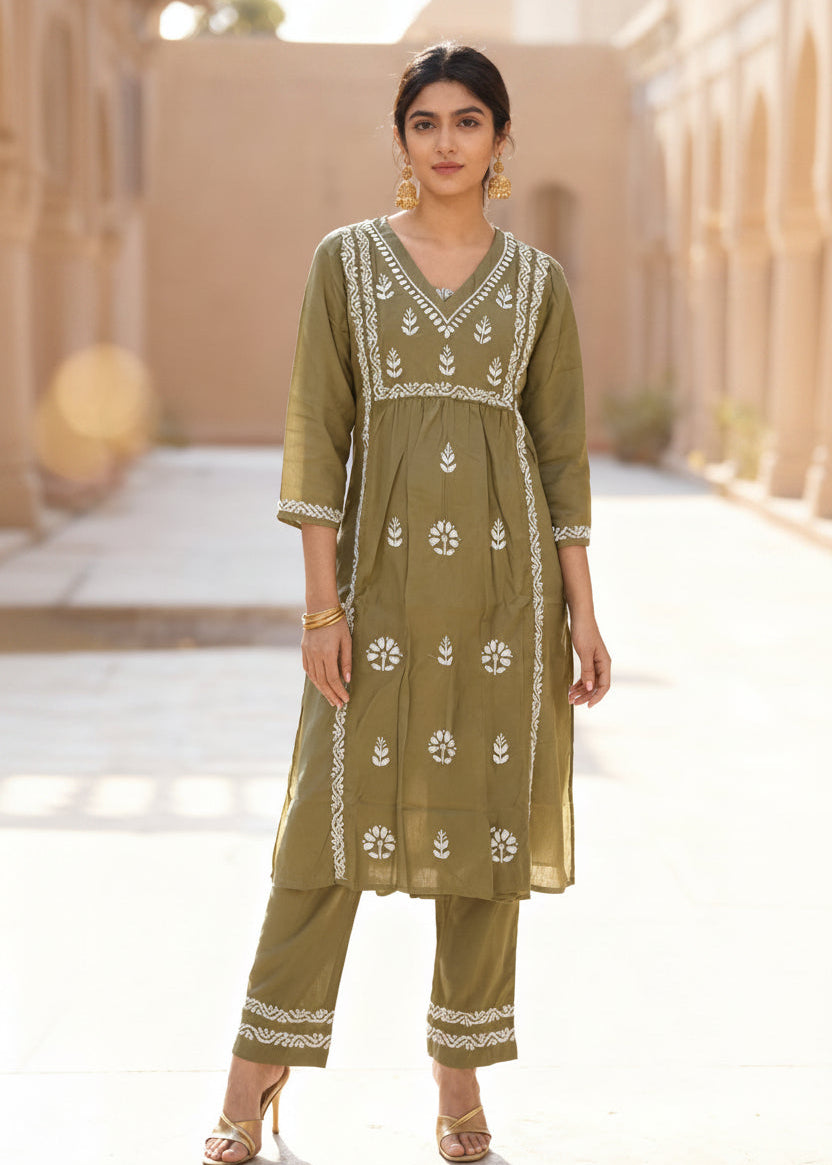 Chikankari Cotton Flared Kurta Pant Set Olive Green