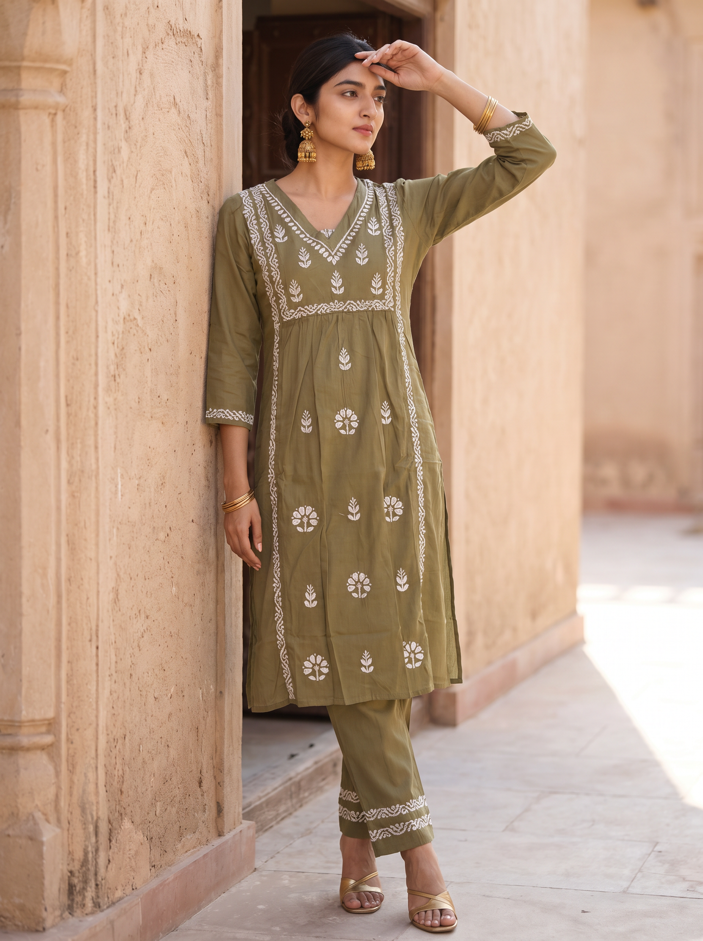 Chikankari Cotton Flared Kurta Pant Set Olive Green