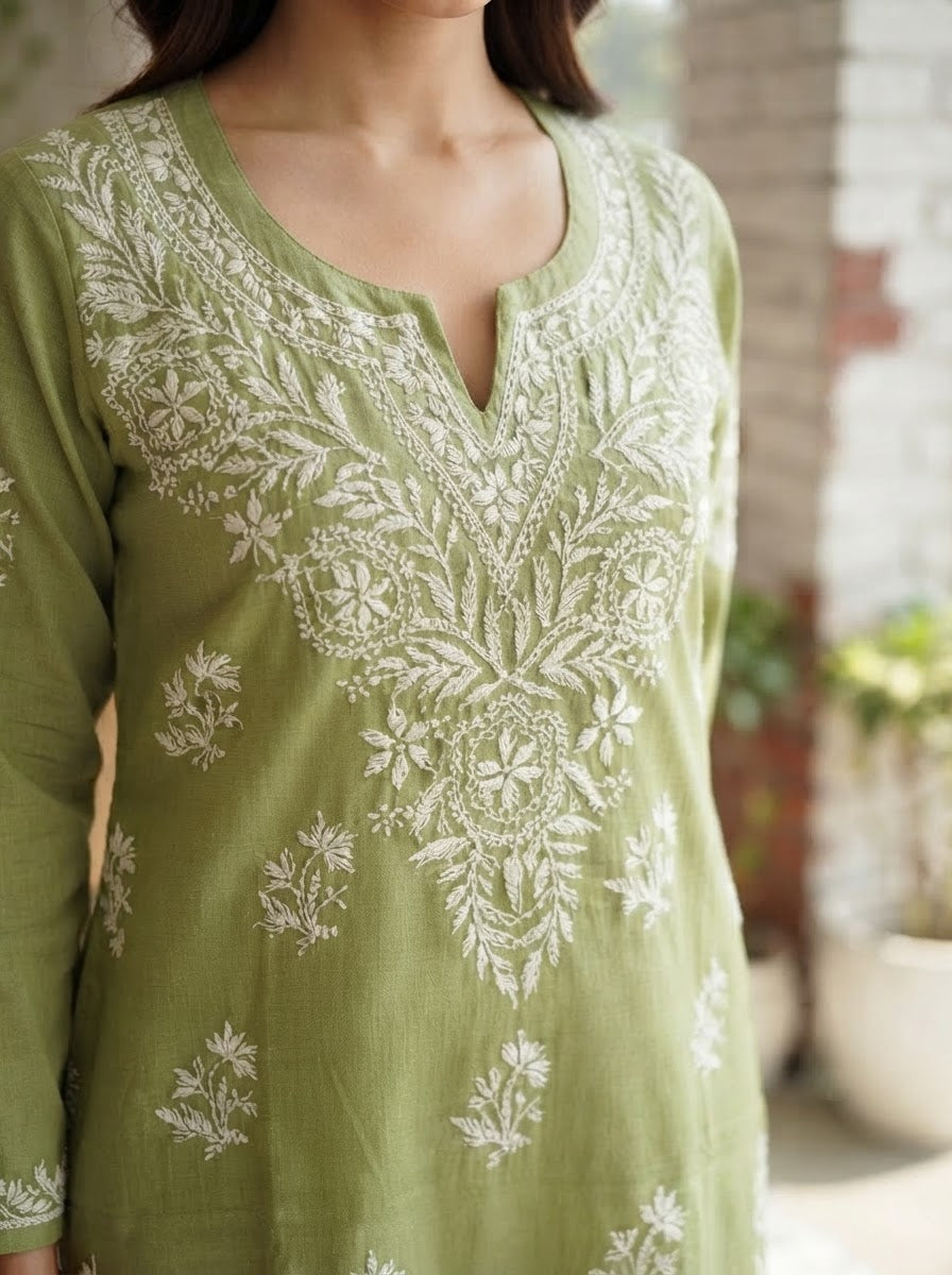 Chikankari Cotton Short Kurta Pistachio Green