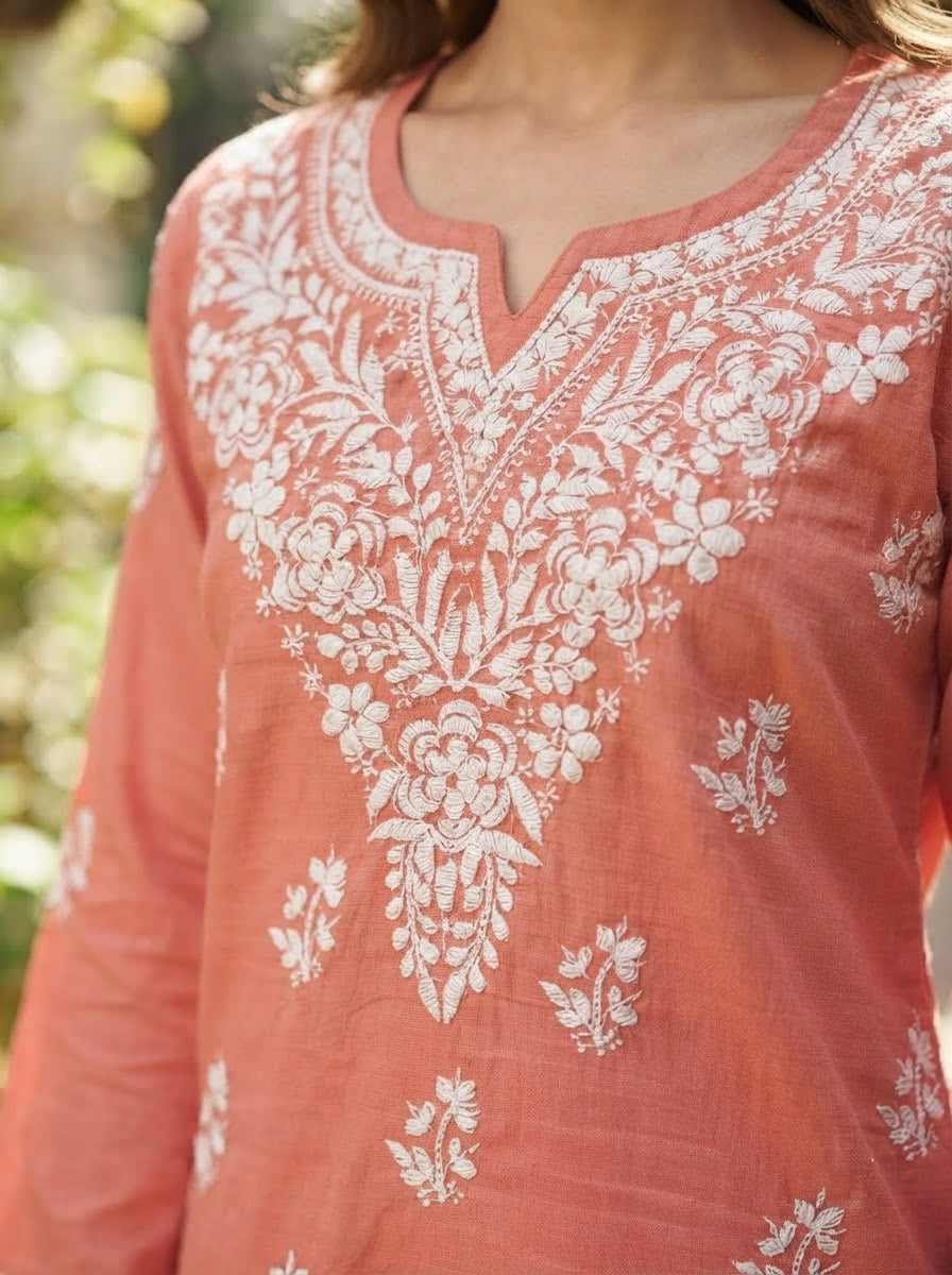 Chikankari Cotton Short Kurta Coral Peach
