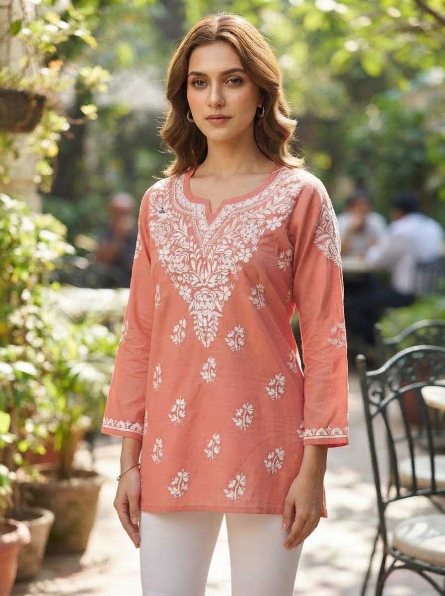 Chikankari Cotton Short Kurta Coral Peach