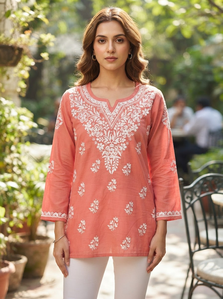 Chikankari Cotton Short Kurta Coral Peach