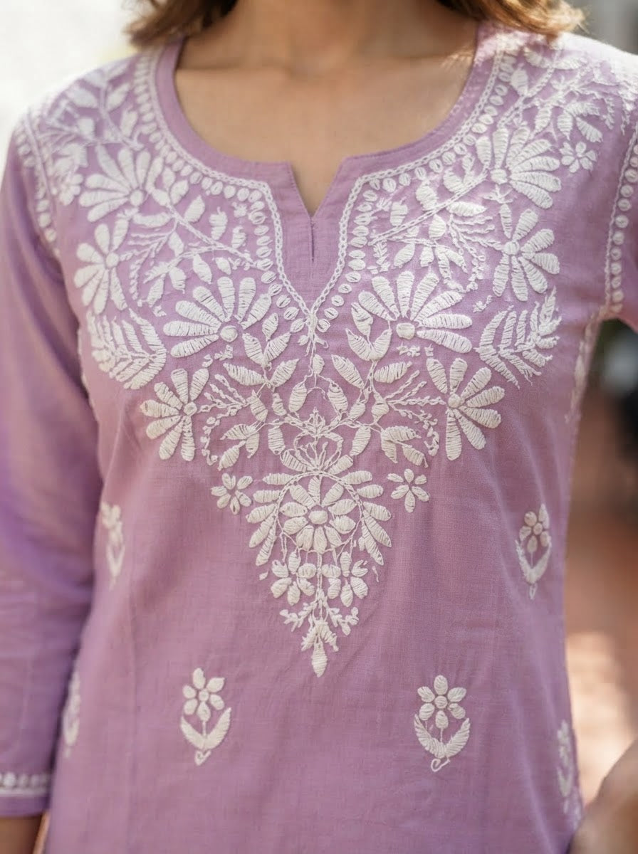 Chikankari Cotton Short Kurta Lavender
