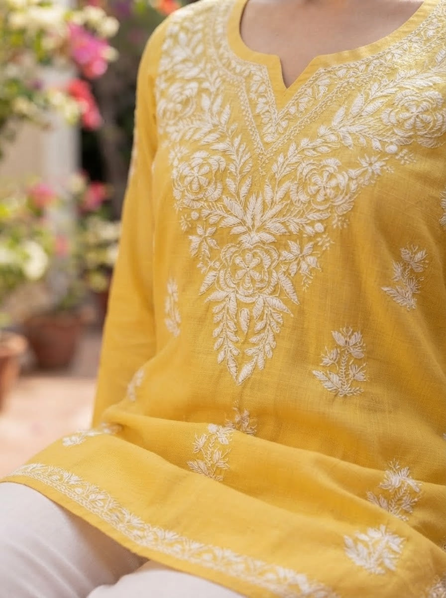 Chikankari Cotton Short Kurta Yellow