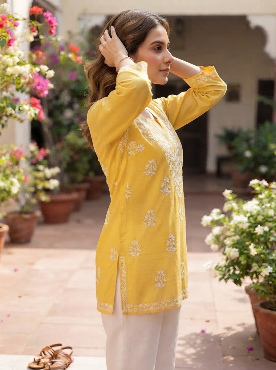 Chikankari Cotton Short Kurta Yellow