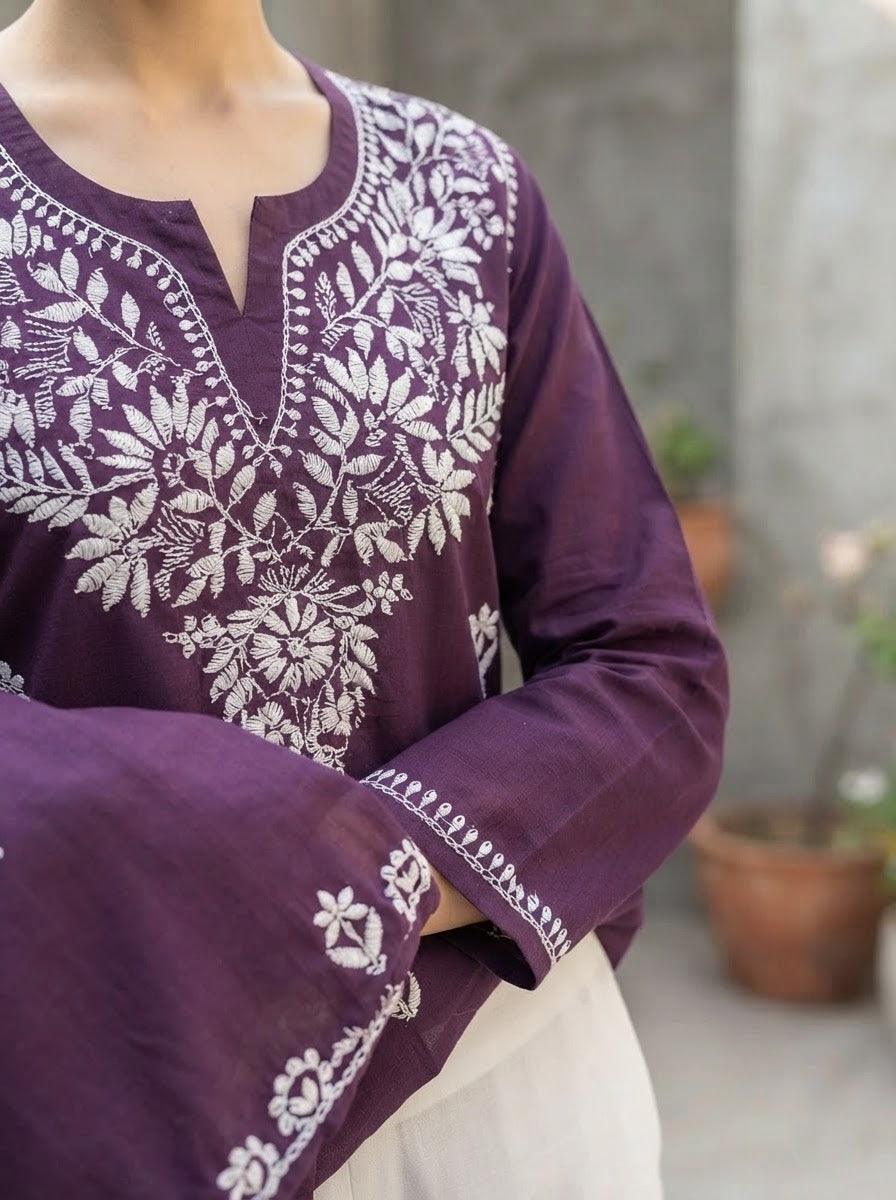 Chikankari Cotton Short Kurta Deep Plum