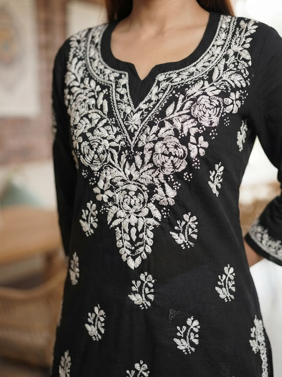 Chikankari Cotton Short Kurta Black