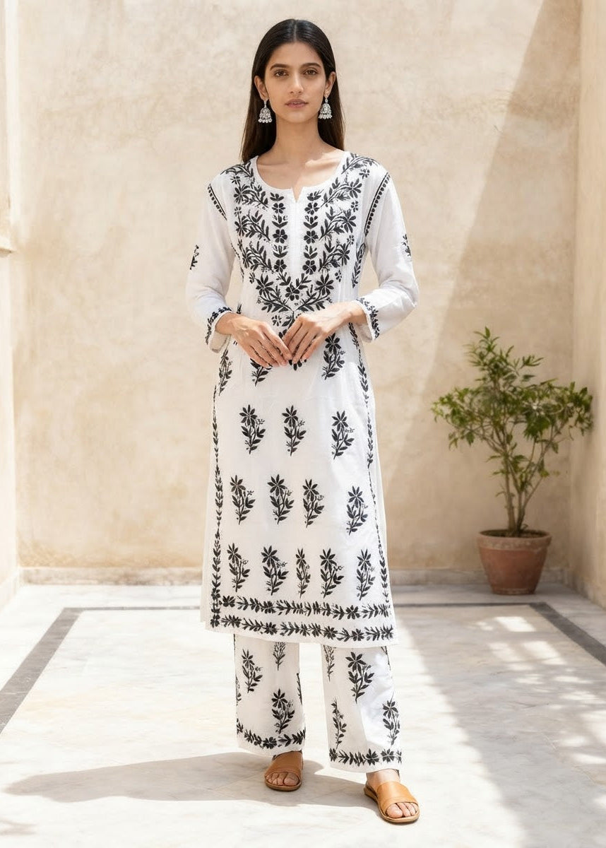 Chikankari Cotton Kurta Pant Set White & Black