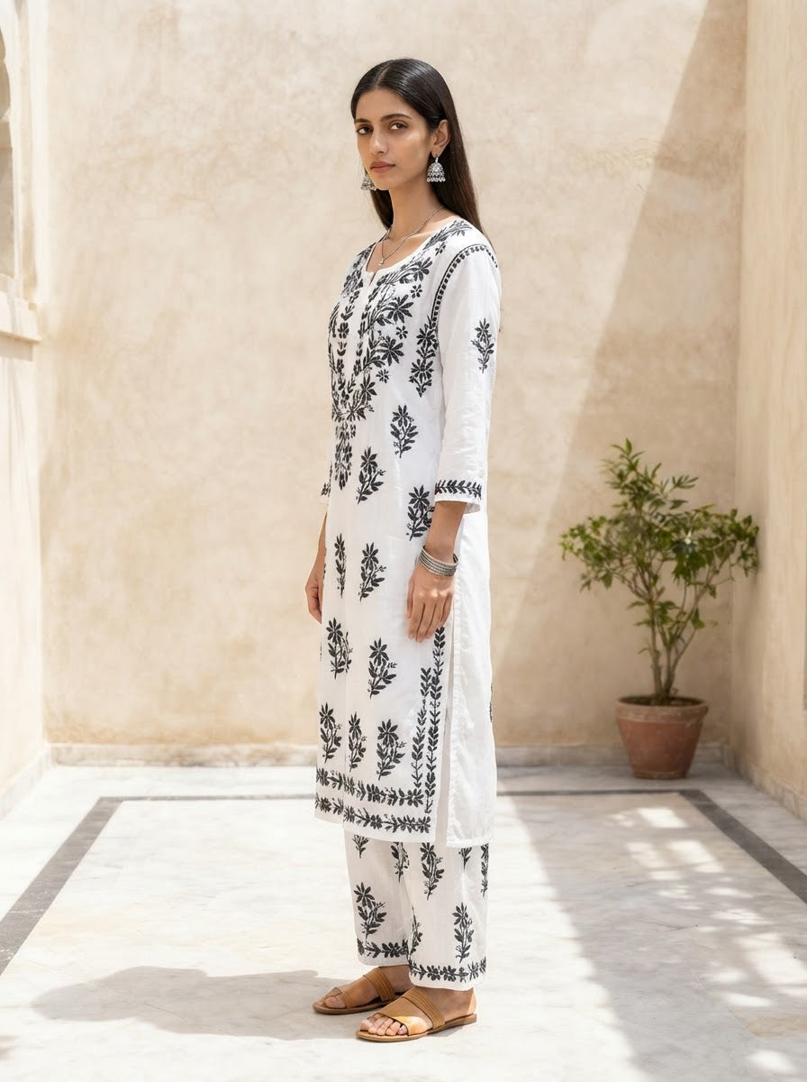 Chikankari Cotton Kurta Pant Set White & Black