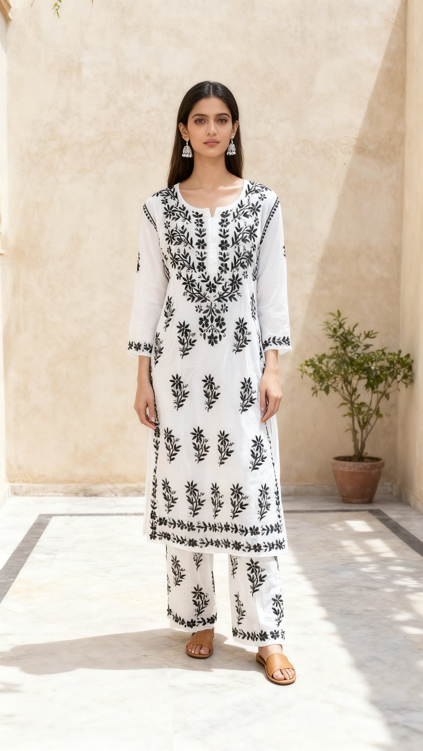 Chikankari Cotton Kurta Pant Set White & Black