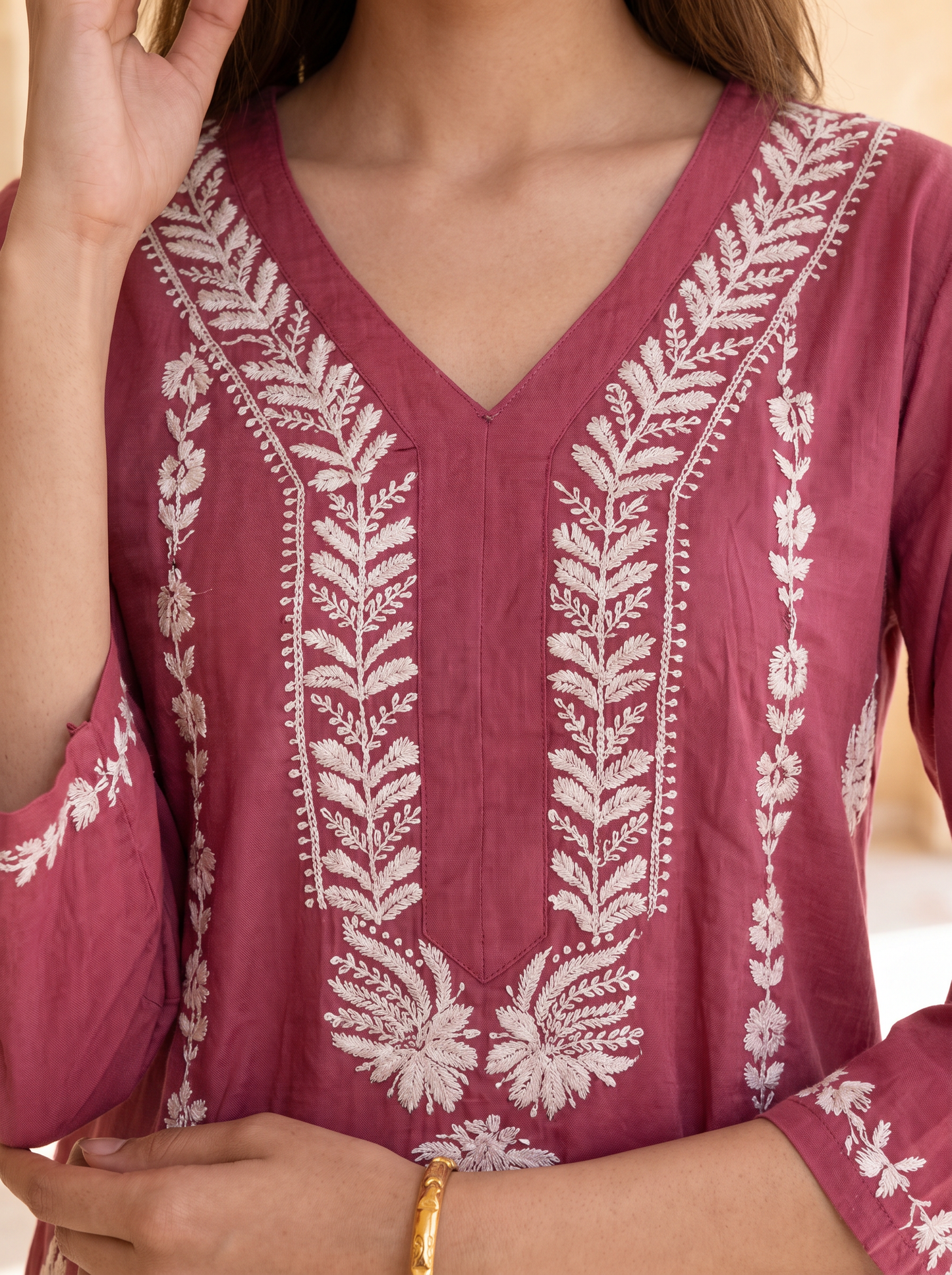 Chikankari Roman Silk Straight Kurta Pant Set Crimson Red