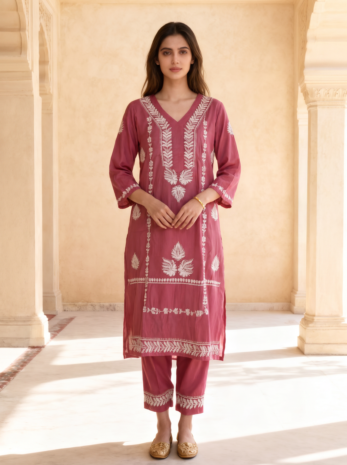 Chikankari Roman Silk Straight Kurta Pant Set Crimson Red