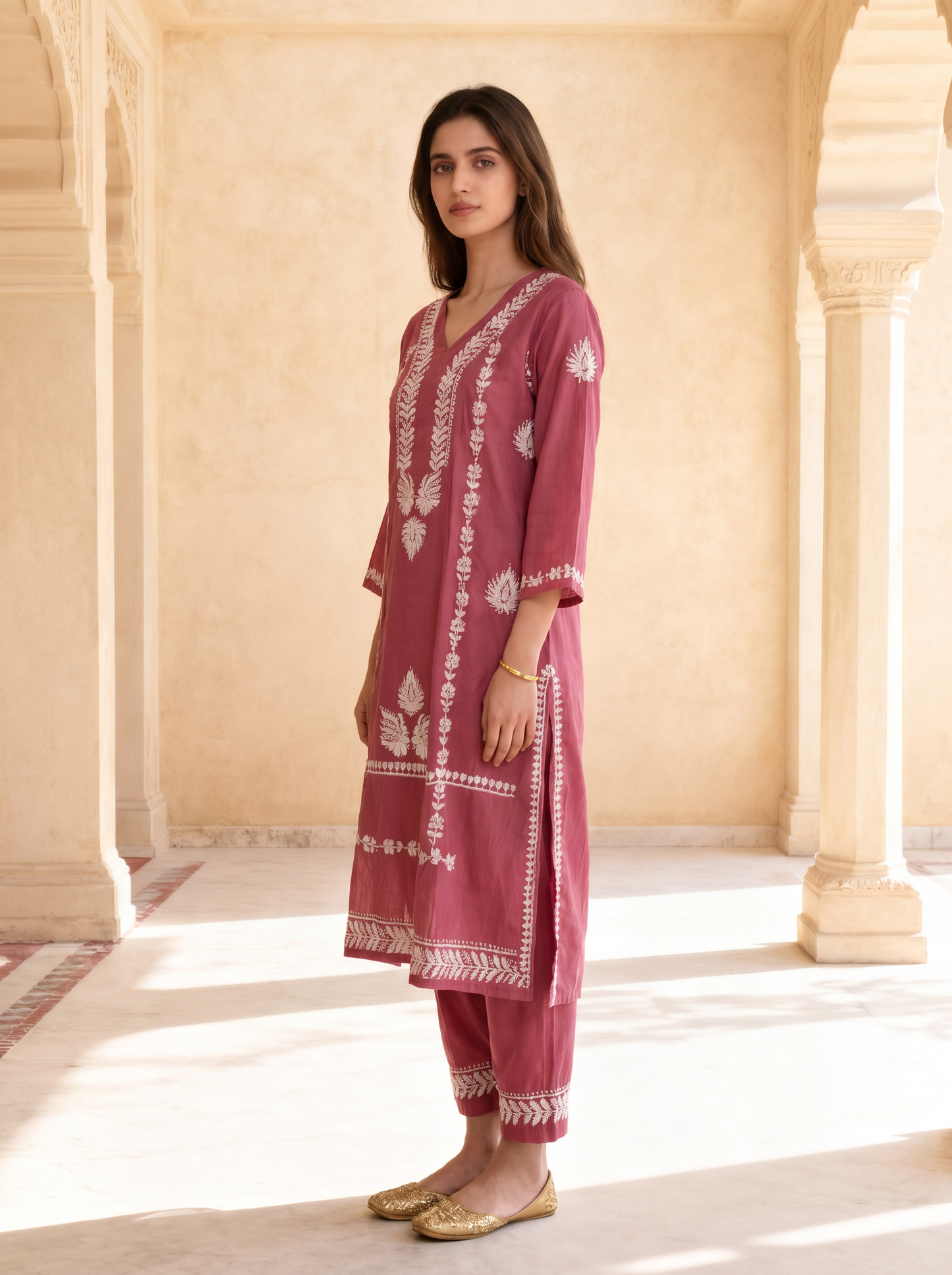 Chikankari Roman Silk Straight Kurta Pant Set Crimson Red