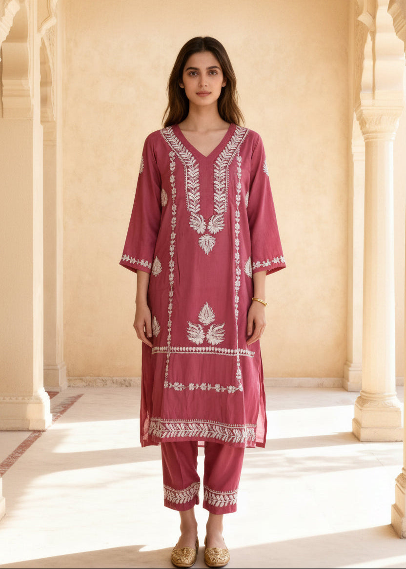 Chikankari Roman Silk Straight Kurta Pant Set Crimson Red