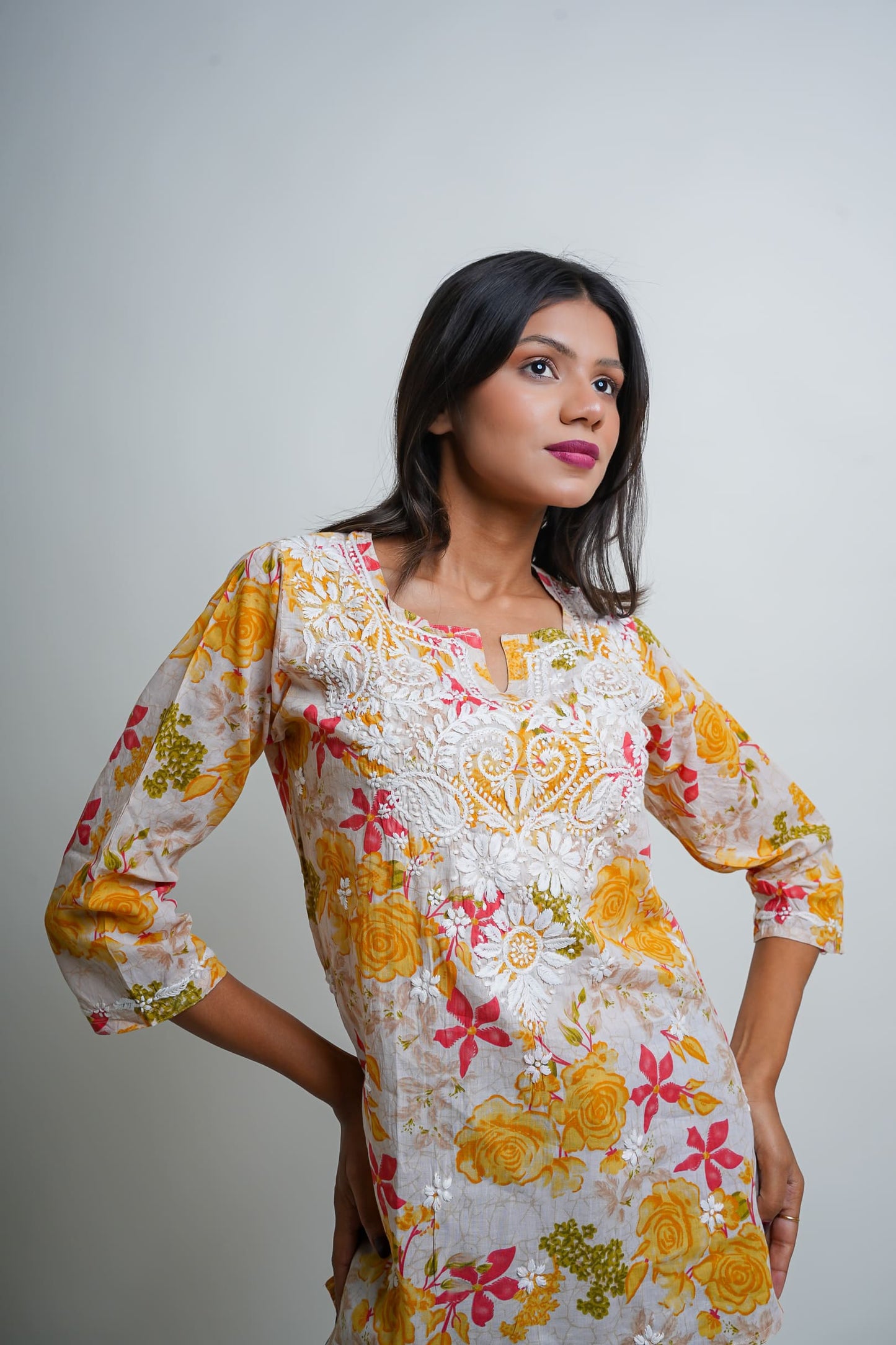 Chikankari Hand Embroidered | Short Kurti | Mul Cotton | Yellow Floral