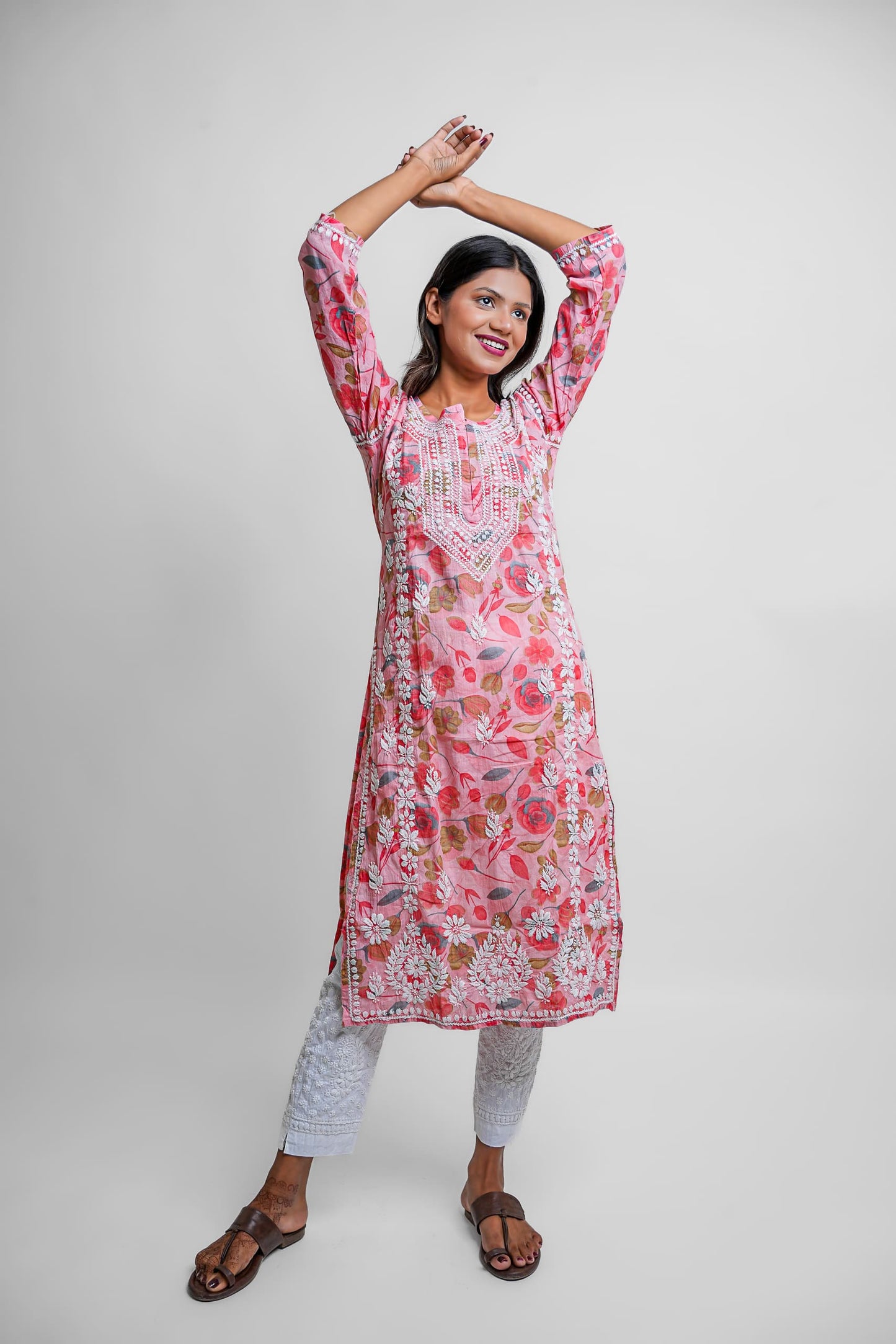 Chikankari hand embroidered | Long Kurta | Mul Cotton | Pink