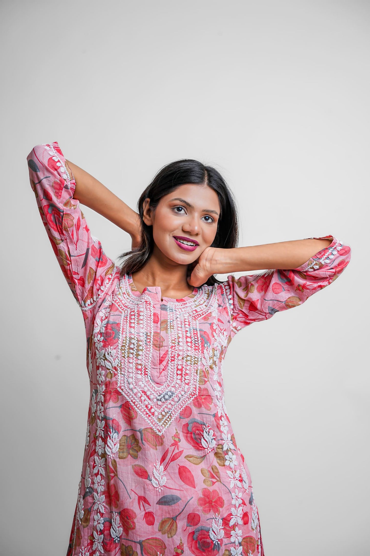 Chikankari hand embroidered | Long Kurta | Mul Cotton | Pink