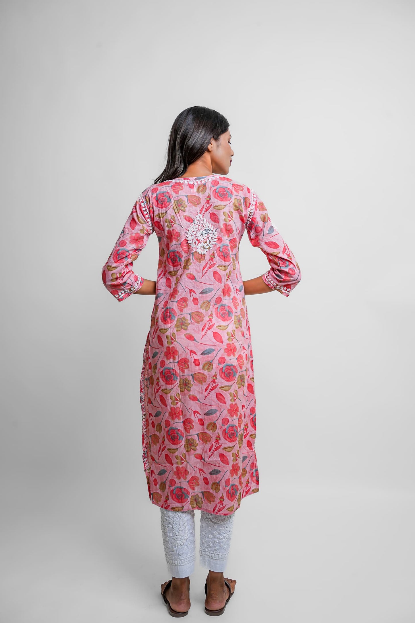 Chikankari hand embroidered | Long Kurta | Mul Cotton | Pink
