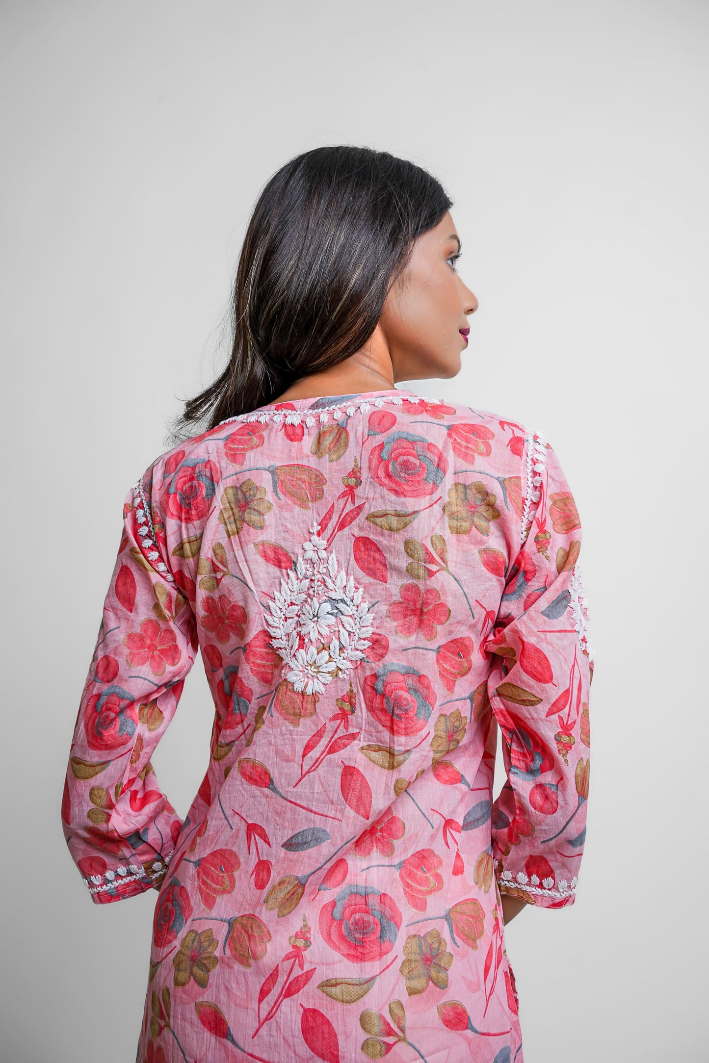 Chikankari hand embroidered | Long Kurta | Mul Cotton | Pink
