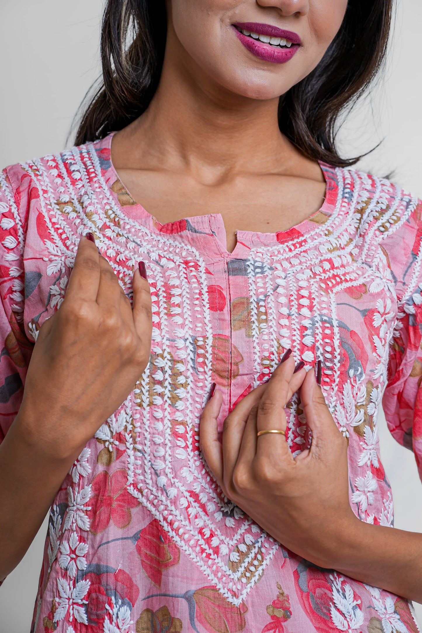 Chikankari hand embroidered | Long Kurta | Mul Cotton | Pink
