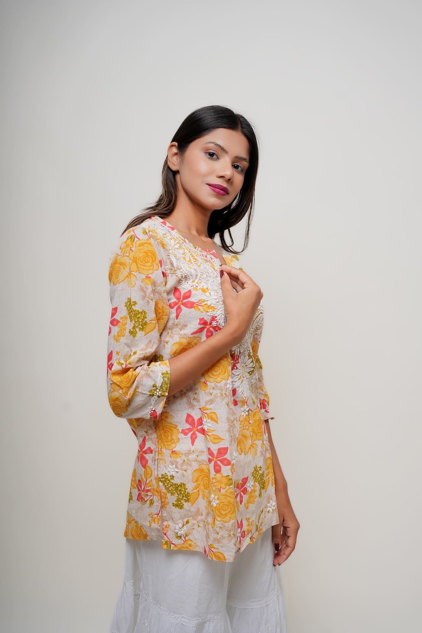 Chikankari Hand Embroidered | Short Kurti | Mul Cotton | Yellow Floral