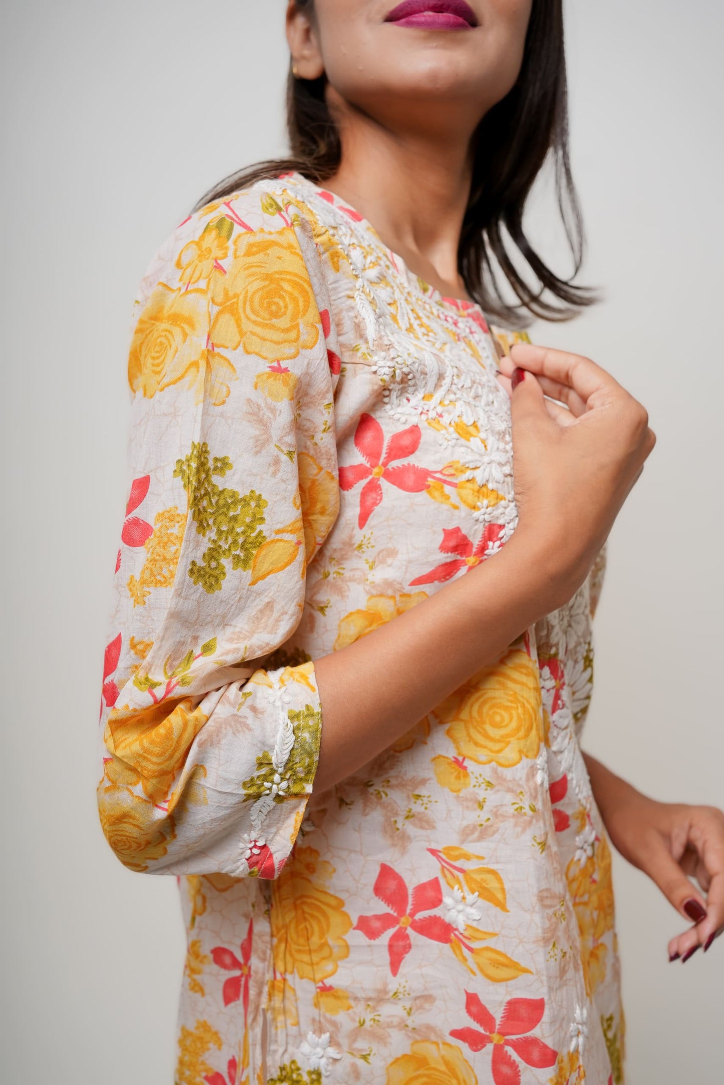 Chikankari Hand Embroidered | Short Kurti | Mul Cotton | Yellow Floral