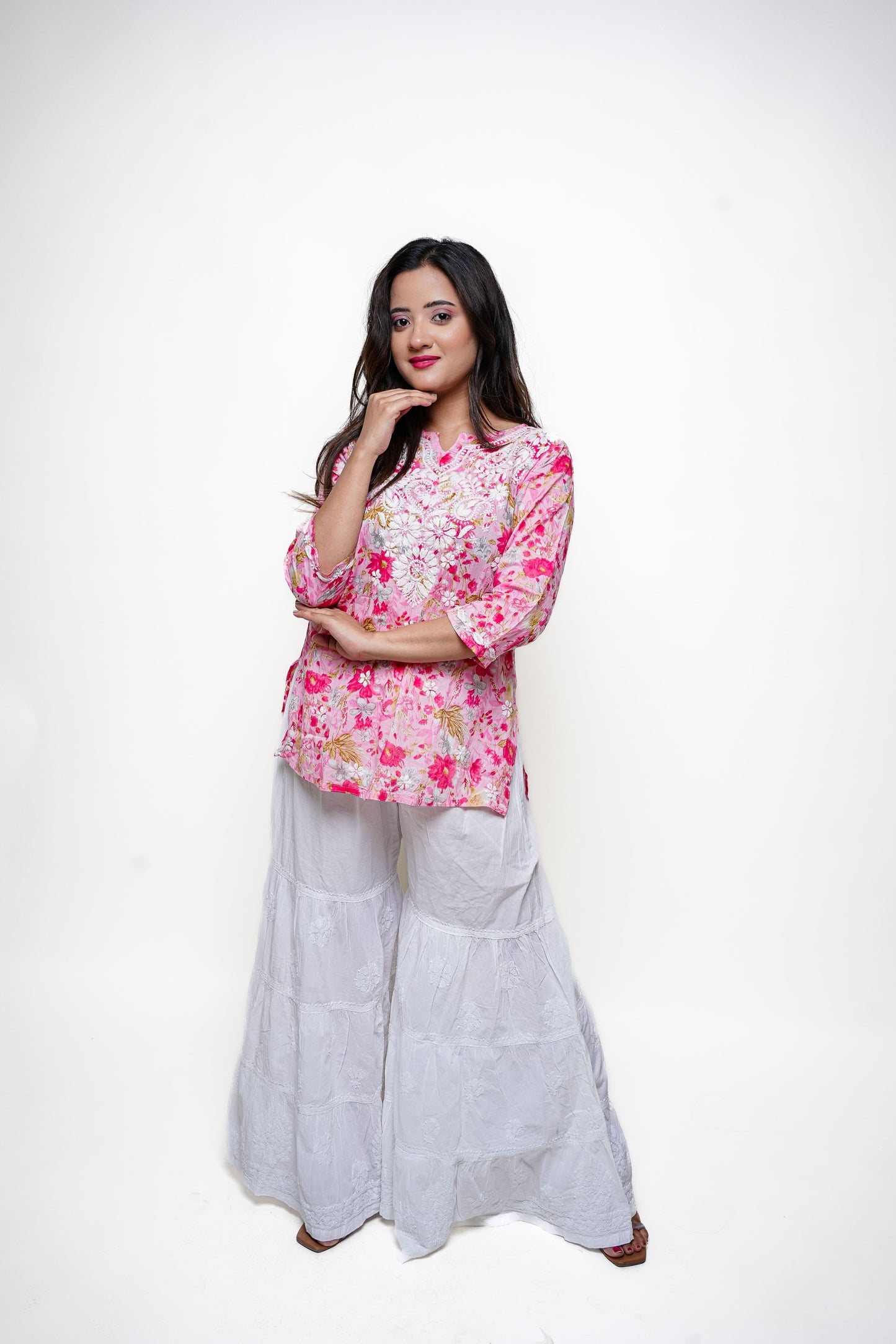 Chikankari Hand Embroidered | Short Kurti | Mul Cotton | Pink Floral