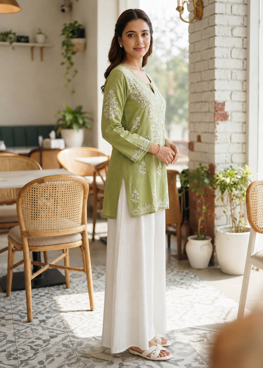 Chikankari Cotton Short Kurta Pistachio Green