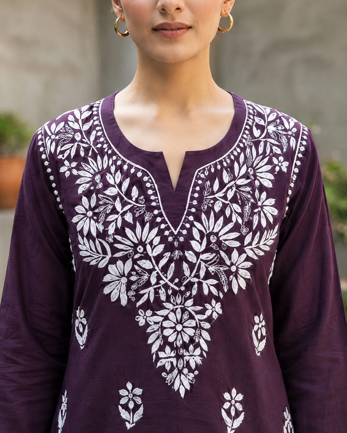 Chikankari Cotton Short Kurta Deep Plum