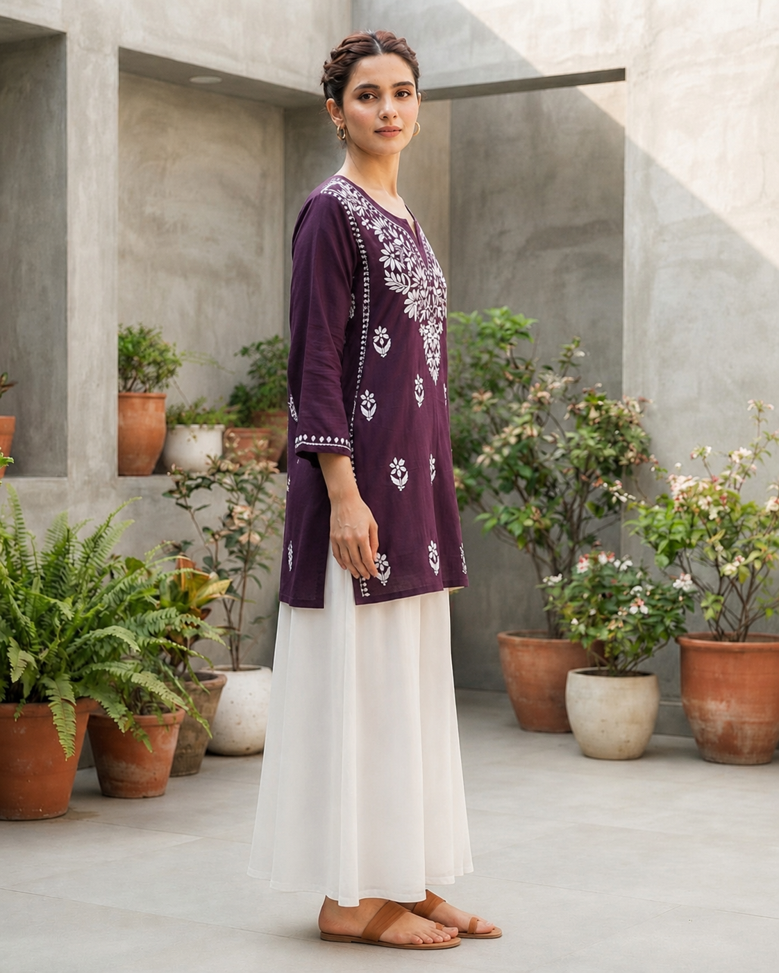 Chikankari Cotton Short Kurta Deep Plum